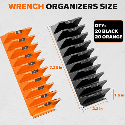 40PCS Modular Wrench Organizer - Wrench Tool Organizers for Tool Drawer Storage, Wrench Storage Set with Metric & SAE Label, Wrenches Rack Tool Gift for Professional Mechanics Men, Black & Orange