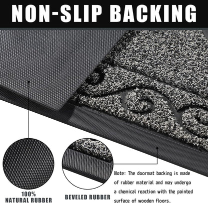 Hello Door Mat Outdoor Indoor, 100% Waterproof All-Season Welcome Mat, Washable Heavy Duty Front Door Mat, Stain and Fade Resistant, Low Profile, Easy Clean, 29.5 X 17, Black Gray