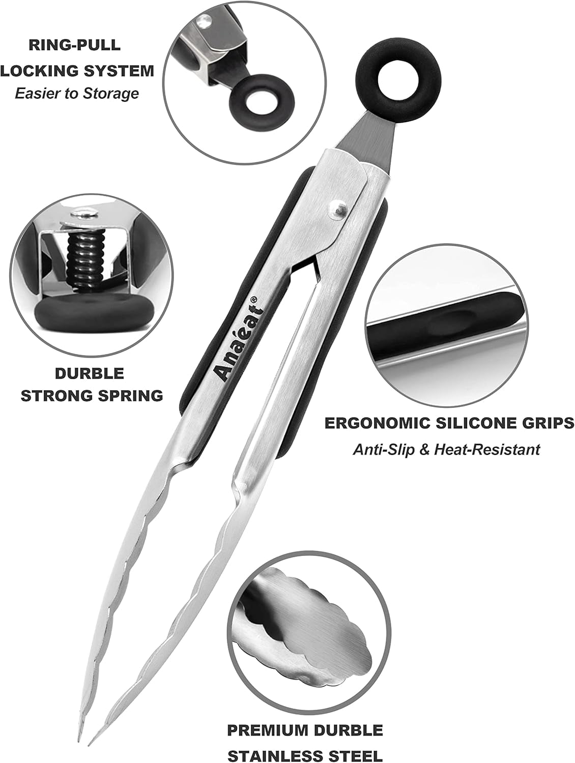 7" Mini Cooking Tong Stainless Steel - Sturdy Coiled Spring Locking Kitchen Food Tong with Non-Slip Silicone Grip for Serving, Cooking, Baking - Heat Resistant up to 480°F (Black)