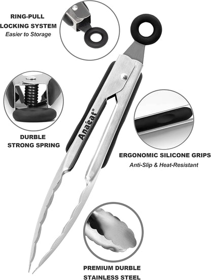 7" Mini Cooking Tong Stainless Steel - Sturdy Coiled Spring Locking Kitchen Food Tong with Non-Slip Silicone Grip for Serving, Cooking, Baking - Heat Resistant up to 480°F (Black)