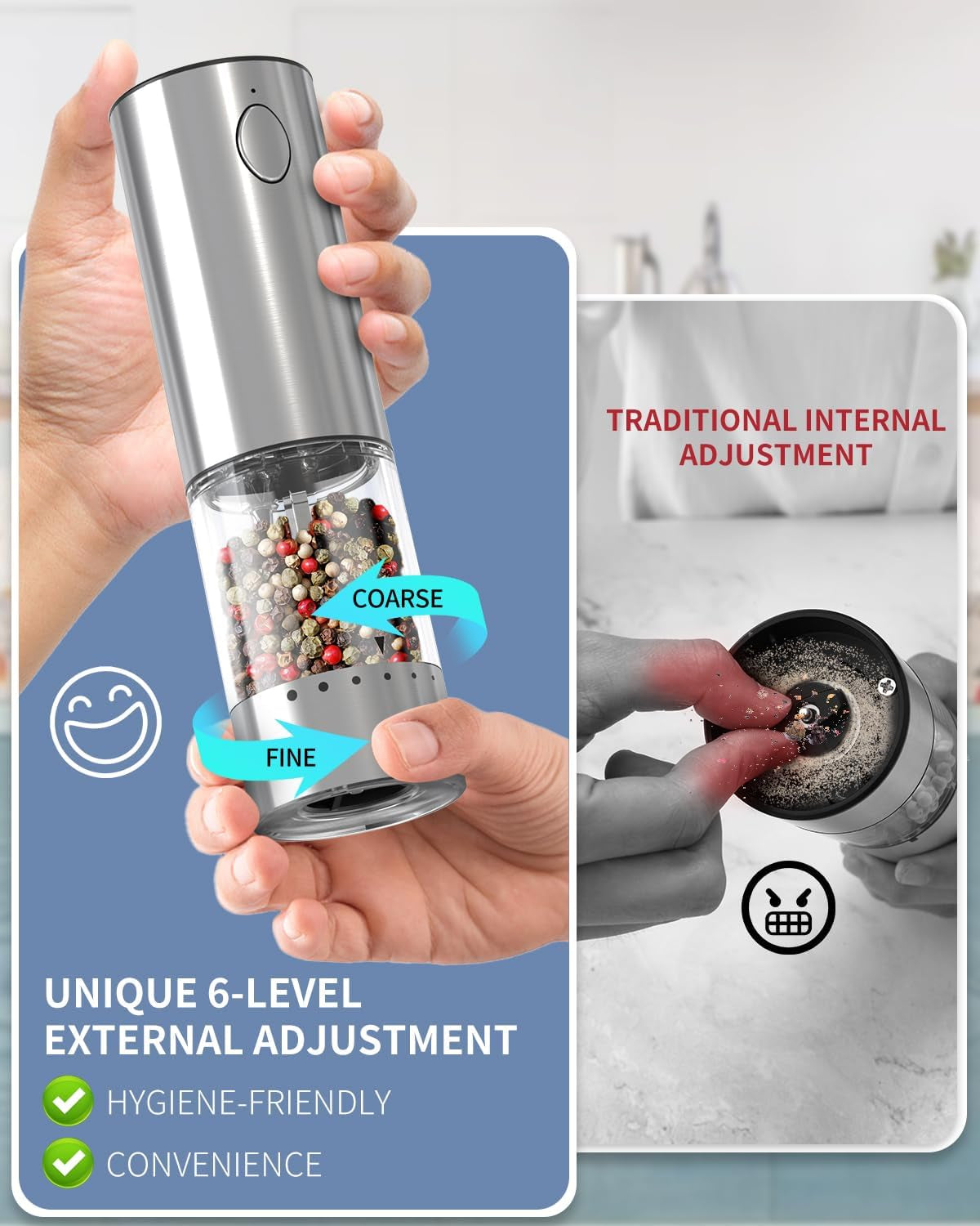 Stainless Steel Electric Pepper Grinder, Rechargeable Pepper Mills with LED Light, 6-Level External Adjustable Coarseness for Easy Use