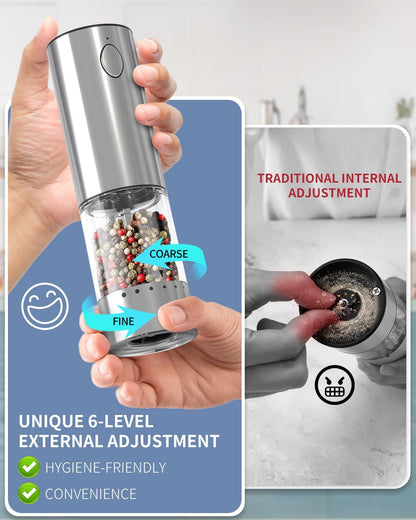 Stainless Steel Electric Pepper Grinder, Rechargeable Pepper Mills with LED Light, 6-Level External Adjustable Coarseness for Easy Use
