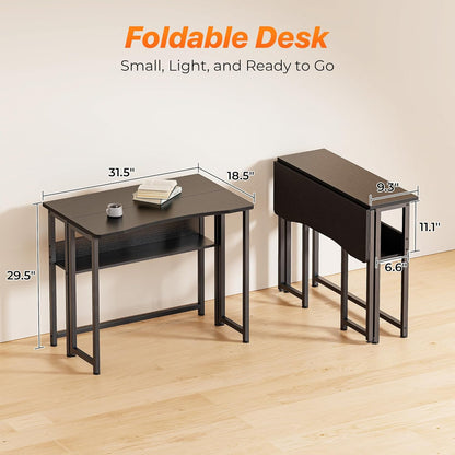 Folding Desk with Storage Shelf - 31.5 Inch Compact Computer Table for Small Spaces, Space-Saving Sofa Table, Ideal for Writing and Office Use, Easy to Fold, Black