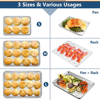 17.5 + 16 + 10.4 Inch Baking Sheets with Racks Set, Stainless Steel Baking Cookie Sheet Oven Pan and Cooling Rack, Healthy & Easy Clean, Oven & Dishwasher Safe, 3 Sizes & 6Pcs