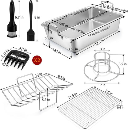 Roasting Pan Set (8 PCS), 14 Inch Stainless Steel Turkey Roaster Pan, Flat & V-Shaped Roasting Racks & Beer Can Chicken Holder, Meat Claws & Tenderizer, Brush, Healthy & Heavy Duty