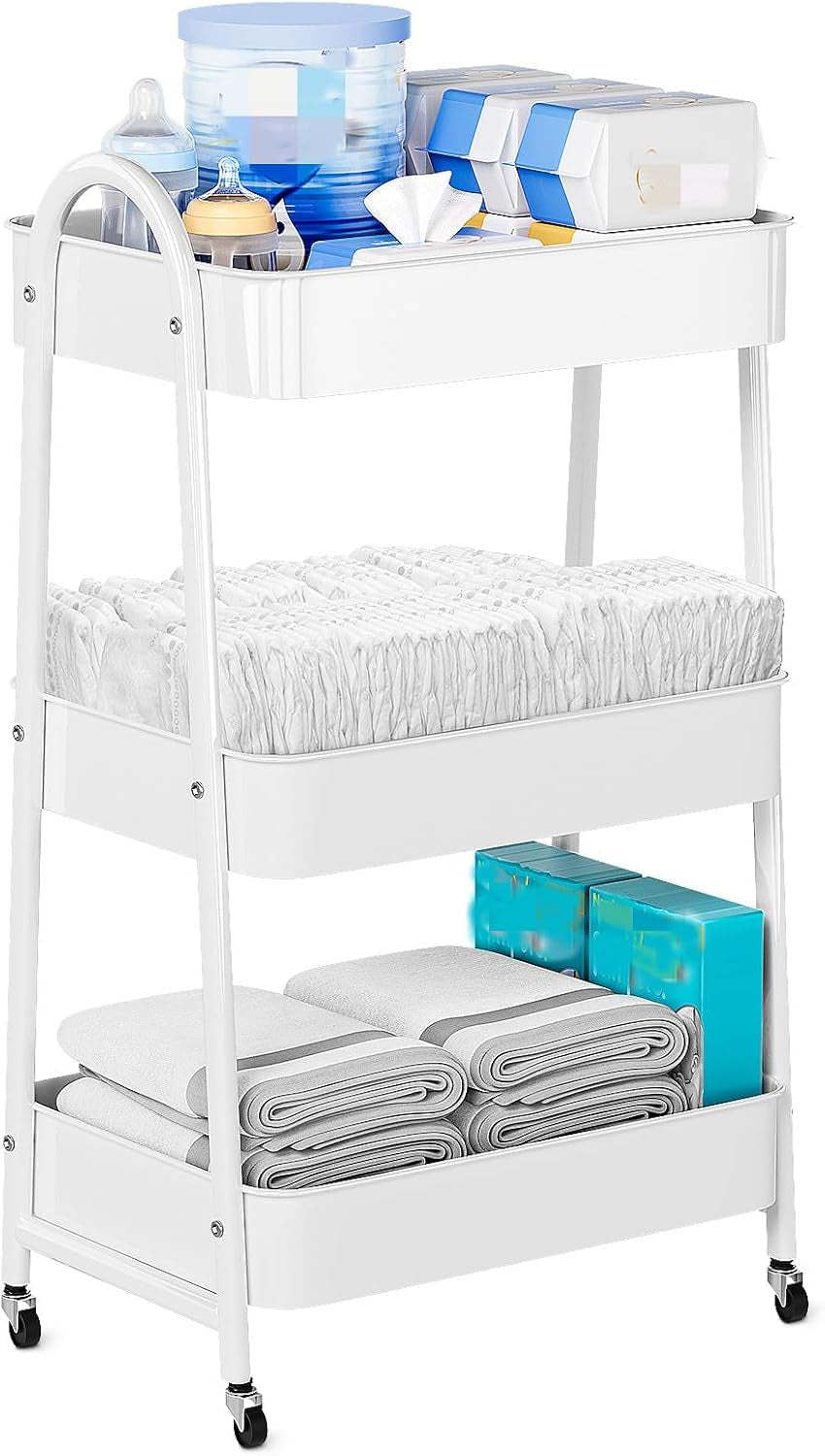 Baby Diaper Caddy Organizer, Metal Utility Diaper Cart, Multifunction Essential Newborn Baby Registry Items, Movable Changing Station/Easy Assembly, White