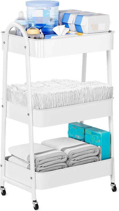 Baby Diaper Caddy Organizer, Metal Utility Diaper Cart, Multifunction Essential Newborn Baby Registry Items, Movable Changing Station/Easy Assembly, White