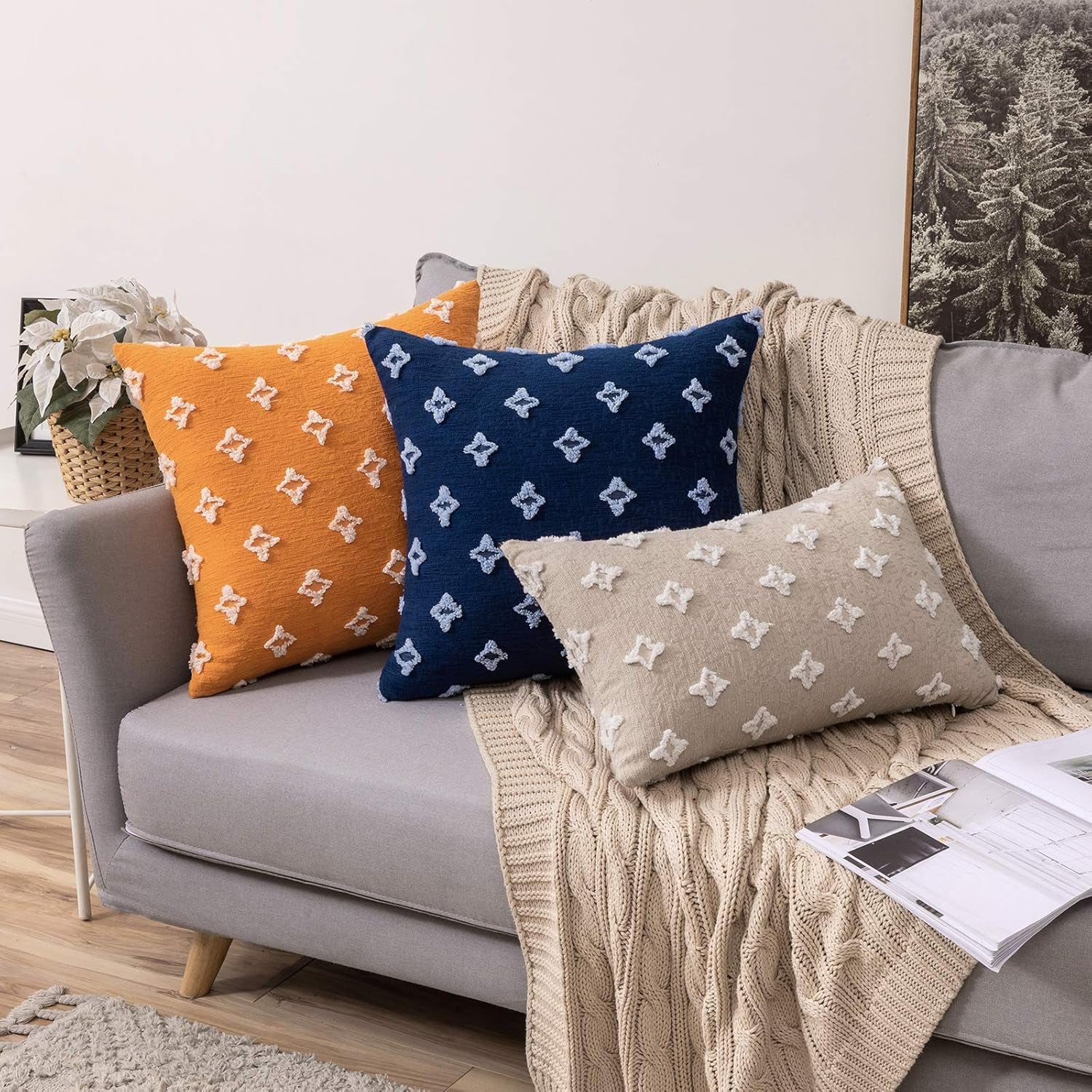 Set of 2 Decorative Throw Pillow Covers Rhombic Jacquard Pillowcase Soft Square Cushion Case for Couch Sofa Bed Bedroom Living Room, 18X18 Inch, Beige