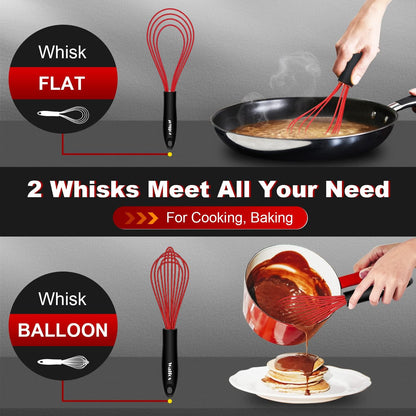 Whisk,Silicone Whisks 11'' Flat Whisk and 7''+9''+11'' Balloon Wisk Set for Blending Beating Stirring and Kitchen Cooking.Bpa Free and Heat Resistant 480°F.Red