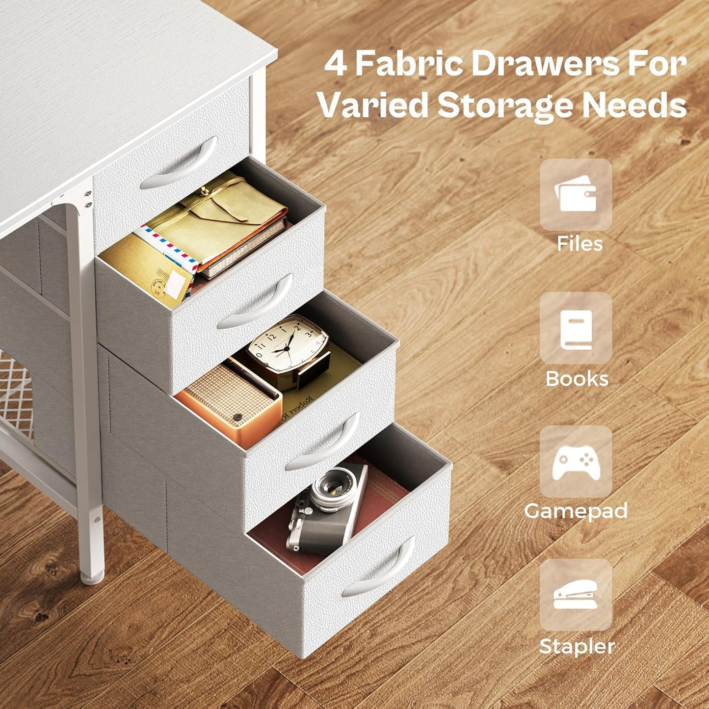 47-Inch White Desk with Four Drawers and Mesh Shelf, Versatile Study and Computer Table for Home Office and Bedroom