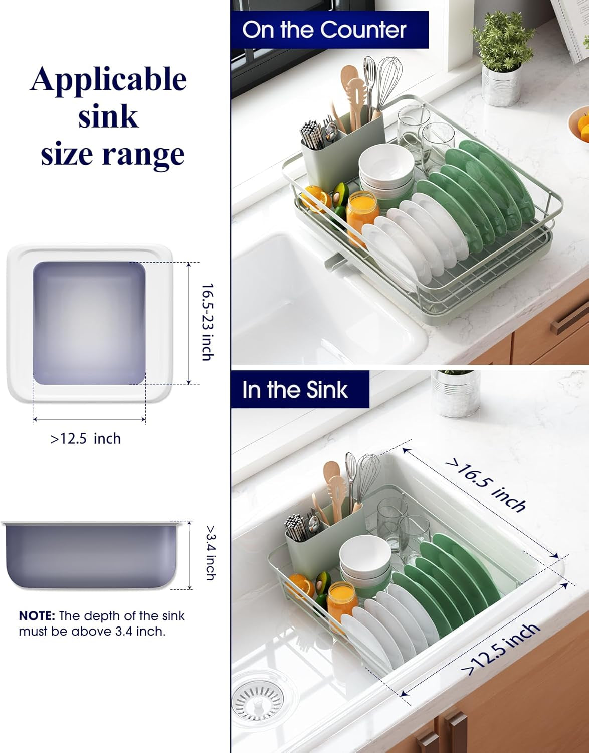 Dish Drying Rack for Kitchen Counter, Stainless Steel Sink Organization and Storage Essentials with Cutlery Holder, Home and Appartment Decor, 12''W X 15.5''L, Light Grey