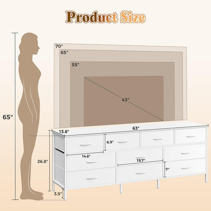 63-Inch White Dresser with 10 Fabric Drawers, Versatile TV Stand for 55 to 70 Inch TVs, Ideal Toy Storage Organizer for Bedroom or Closet
