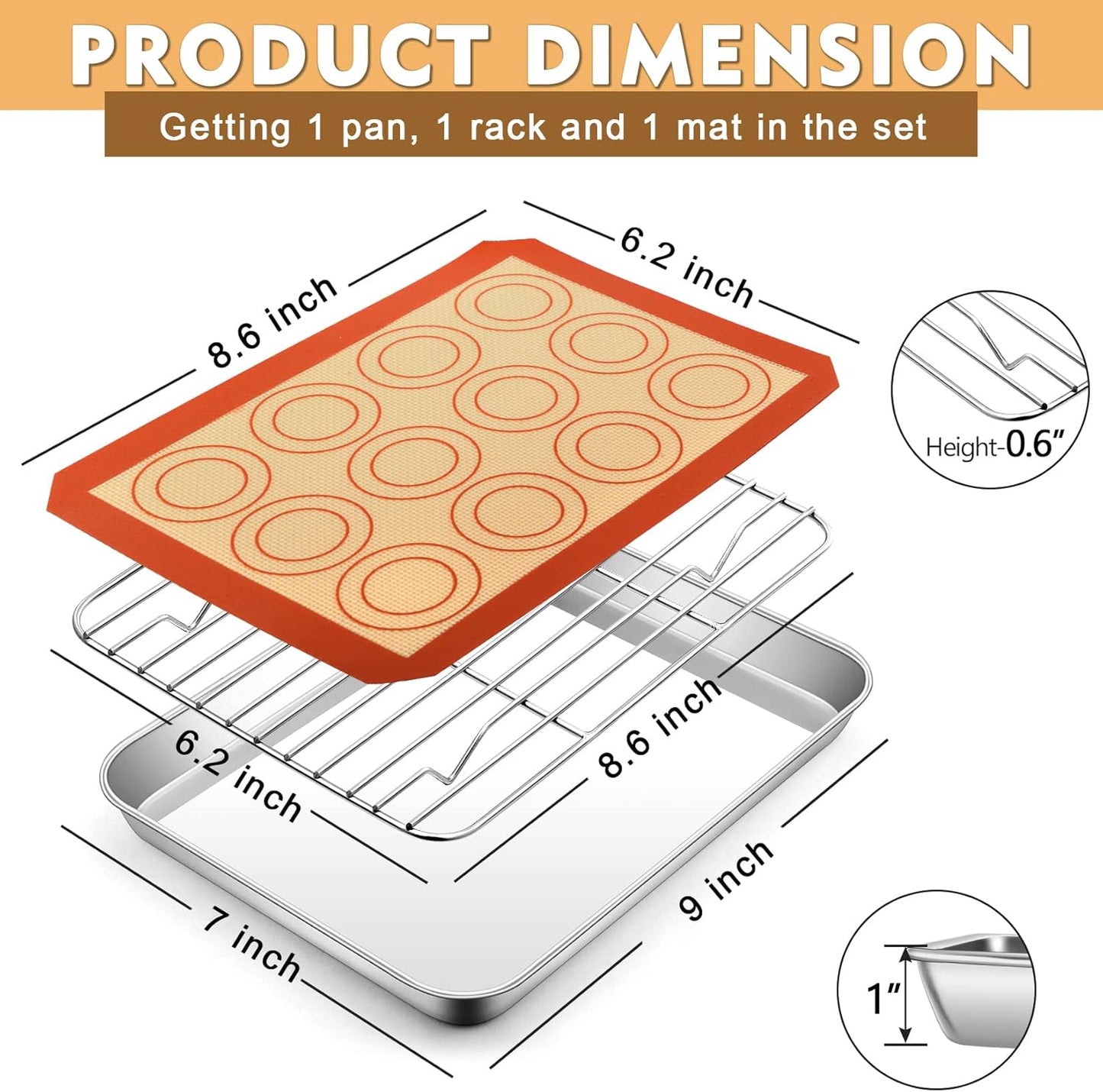 9 Inch Baking Oven Sheet Pan with Rack & Mat for Cookie, Stainless Steel Oven Sheet Tray Cooling Rack and Silicone Mat for Baking & Roasting, Dishwasher Safe & Healthy, 3Pcs