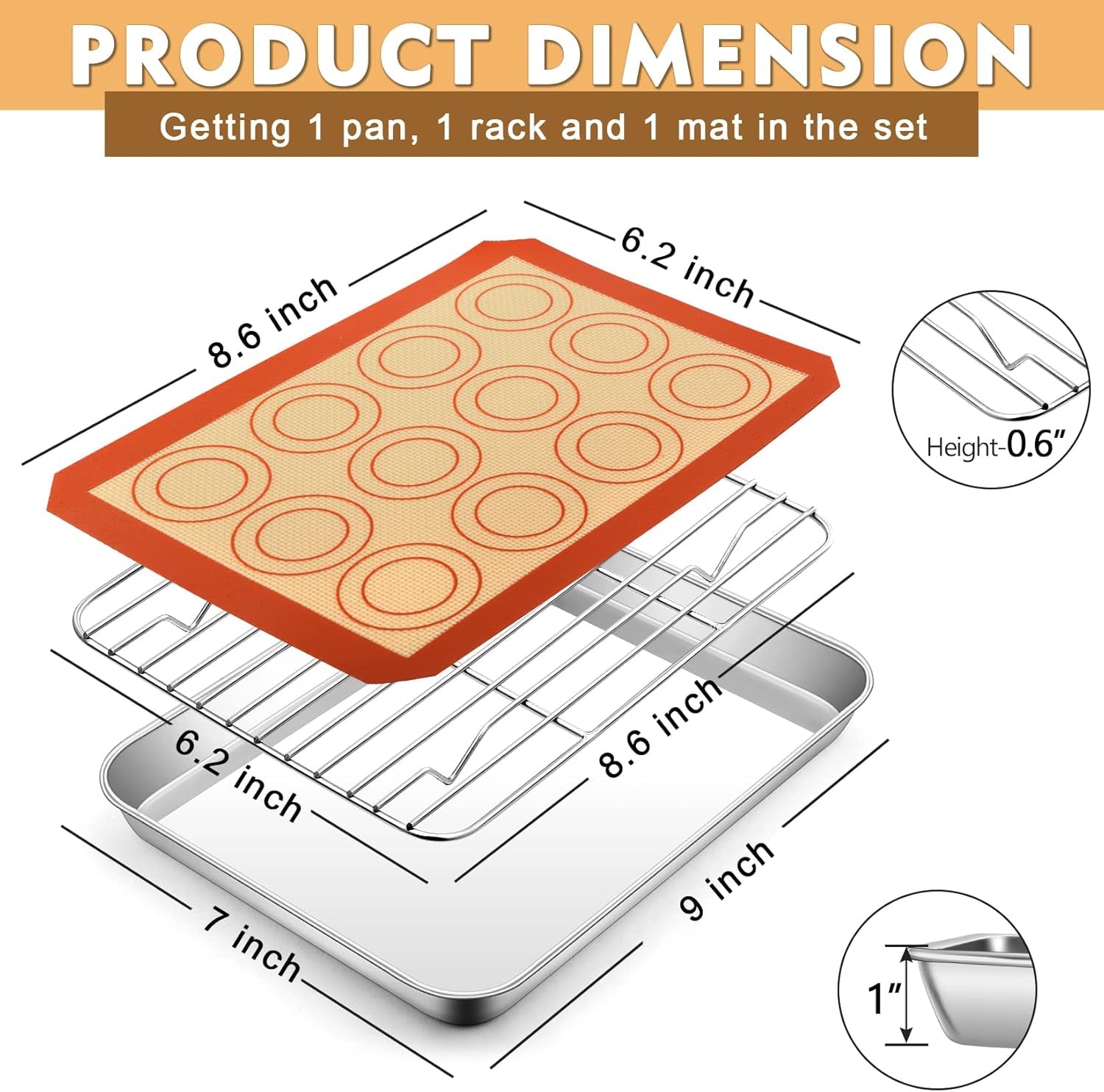 9 Inch Baking Oven Sheet Pan with Rack & Mat for Cookie, Stainless Steel Oven Sheet Tray Cooling Rack and Silicone Mat for Baking & Roasting, Dishwasher Safe & Healthy, 3Pcs