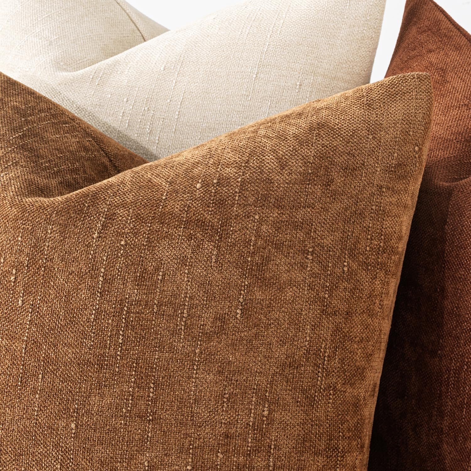 Pack of 2 Decorative Throw Pillow Covers Soft Chenille Throw Pillows Solid Neutral Farmhouse Textured Cushion Covers for Couch Sofa Bedroom Living Room 18X18 Inch, Brown