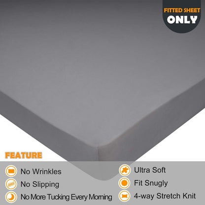 Twin Size Fitted Sheet Only - 4-Way Stretch Knit, Snug Fit, Wrinkle Free & Stay in Place, No More Slipping off for Mattress, Soft & Comfortable - Light Gray, Twin