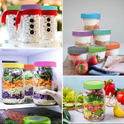 [16 Pack] Colored Plastic Mason Jar Lids Fits Ball, Kerr & More - 8 Wide Mouth & 8 Regular Mouth - Storage Caps for Canning Jars, Dishwasher Safe & Food Grade & Leakproof