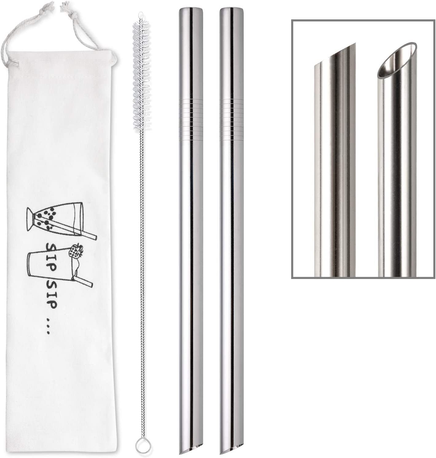 [Angled Tips] 2 Pcs Jumbo Reusable Boba Straws, 0.5" Wide Stainless Steel Metal Straws for Bubble Tea/Tapioca Pearl, Milkshakes,Smoothies | 1 Cleaning Brush & 1 Case