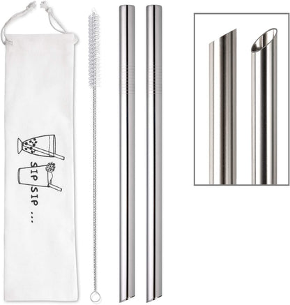 [Angled Tips] 2 Pcs Jumbo Reusable Boba Straws, 0.5" Wide Stainless Steel Metal Straws for Bubble Tea/Tapioca Pearl, Milkshakes,Smoothies | 1 Cleaning Brush & 1 Case