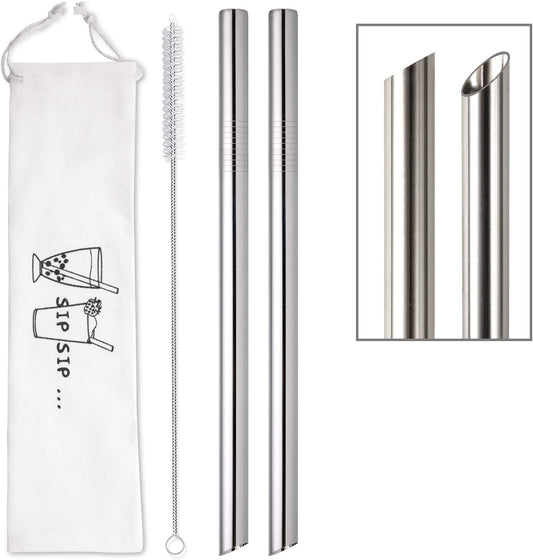 [Angled Tips] 2 Pcs Jumbo Reusable Boba Straws, 0.5" Wide Stainless Steel Metal Straws for Bubble Tea/Tapioca Pearl, Milkshakes,Smoothies | 1 Cleaning Brush & 1 Case