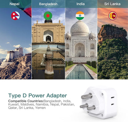 2 Pack US to India Plug Adapter, Type D Travel Adapter with 3 Outlets 3 USB Charger (2 USB C Ports), India Power Adapter Converter for USA to India, Bangladesh, Maldives, Pakistan, Nepal, Sudan