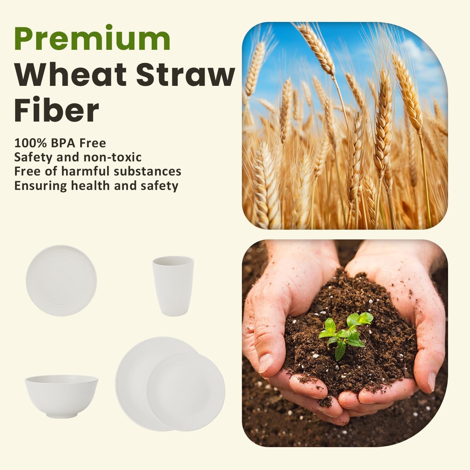40-Piece Wheat Straw Dinnerware Set for 8 - Lightweight, Unbreakable Plates and Bowls, Microwave and Dishwasher Safe (White)
