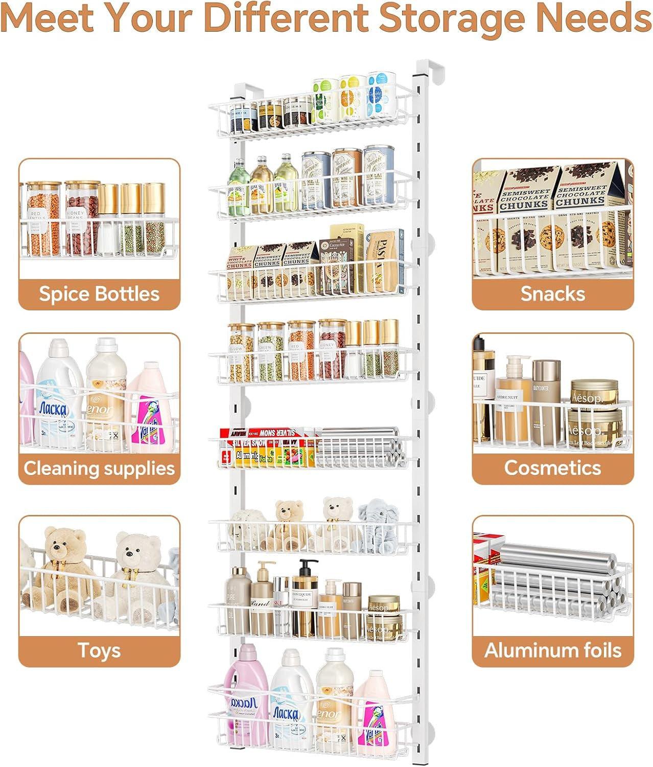 over the Door Pantry Organizer, 8-Tier Adjustable Spice Rack Cabinet Door Shelves, Hanging Seasoning Organizer for Kitchen Bathroom, Laundry Room Organization, White