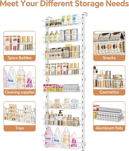 over the Door Pantry Organizer, 8-Tier Adjustable Spice Rack Cabinet Door Shelves, Hanging Seasoning Organizer for Kitchen Bathroom, Laundry Room Organization, White