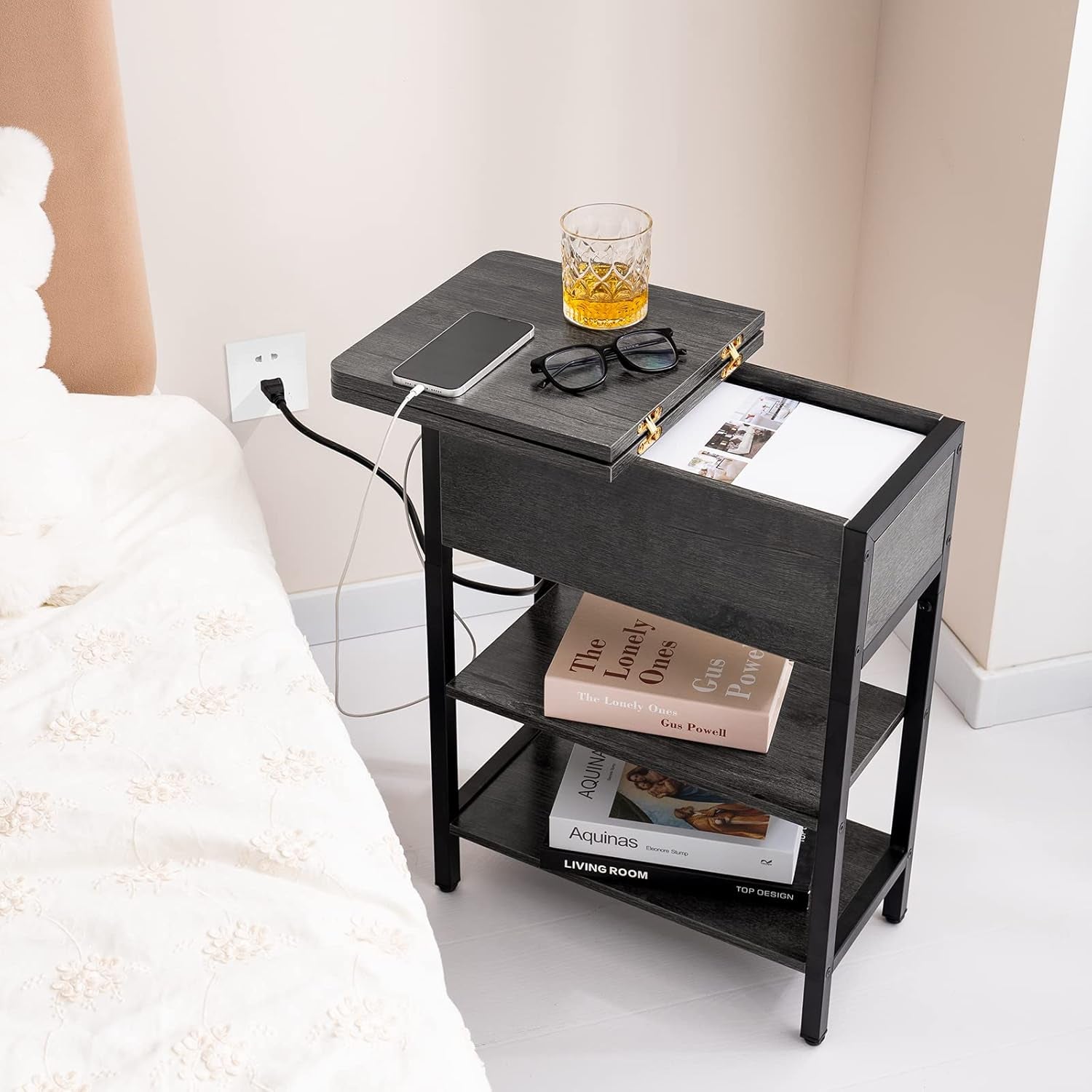 End Table with Charging Station, Flip Top Side Table with USB Ports and Outlets, Sofa Couch Table Bedside Table for Living Room Bedroom, Narrow Nightstand with Storage Shelves for Small Space