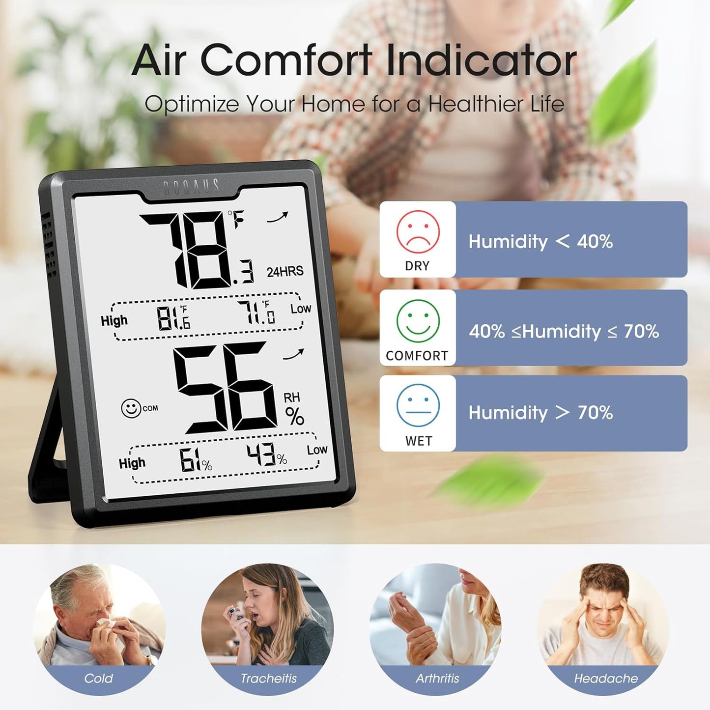 Upgraded Digital Hygrometer Room Thermometer Indoor, Humidity Meter with Large LCD Display, Temperature Humidity Monitor with Max Min Records, Black
