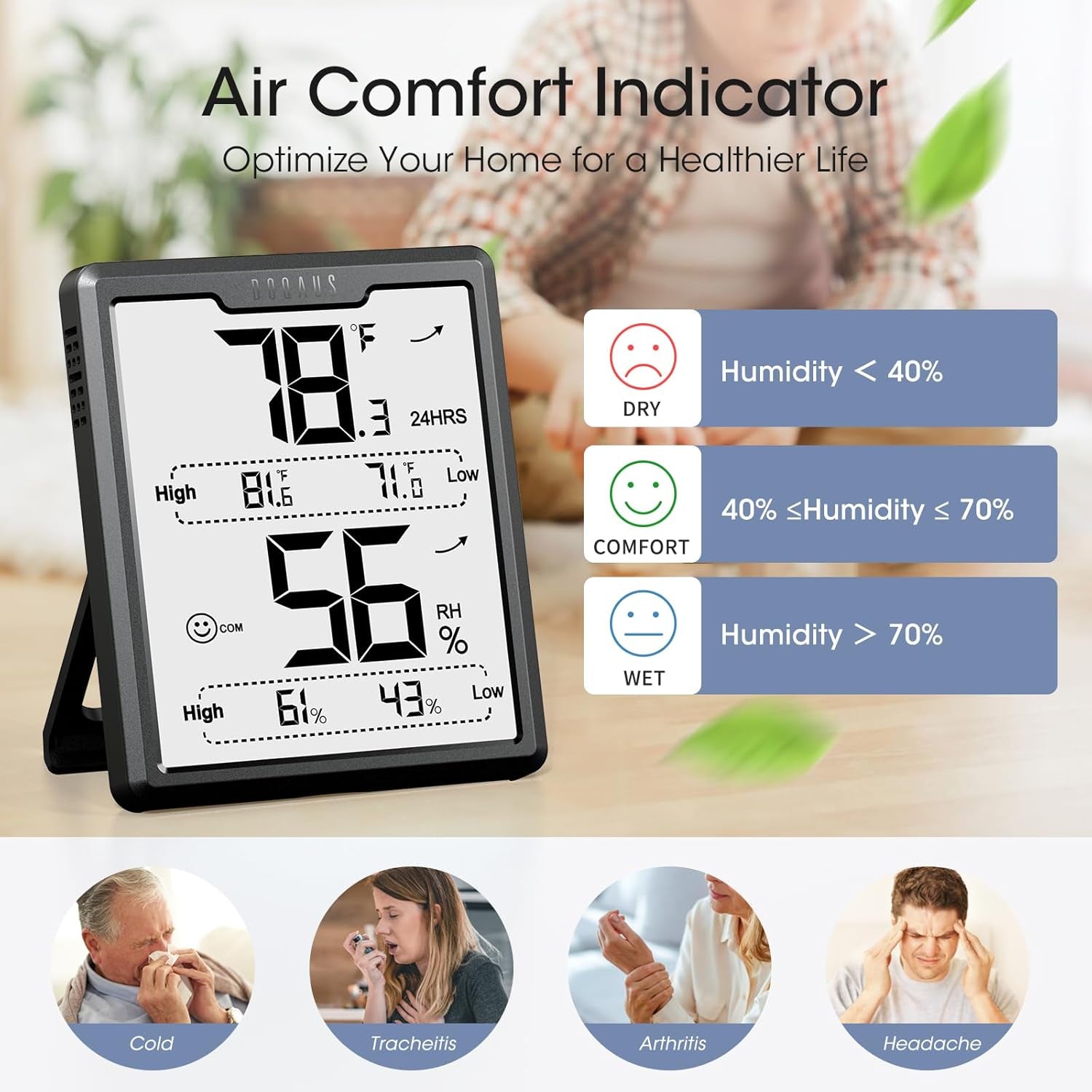 Upgraded Digital Hygrometer Room Thermometer Indoor, Humidity Meter with Large LCD Display, Temperature Humidity Monitor with Max Min Records, Black