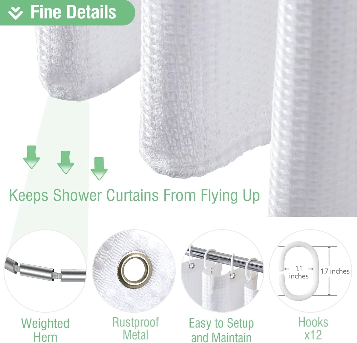 White Fabric Shower Curtain， Waffle Weave Heavy Duty Hotel Luxury Cloth Shower Curtains for Bathroom, 72 Inch 256GSM Weighted Bath Curtain Set with 12 Plastic Hooks,72X72