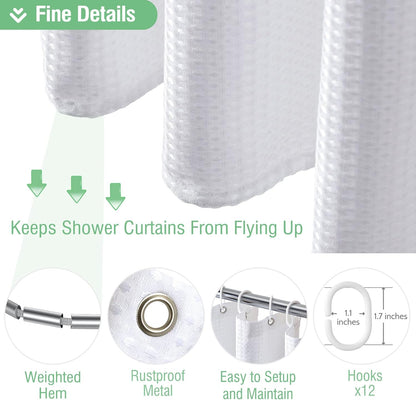 White Fabric Shower Curtain， Waffle Weave Heavy Duty Hotel Luxury Cloth Shower Curtains for Bathroom, 72 Inch 256GSM Weighted Bath Curtain Set with 12 Plastic Hooks,72X72