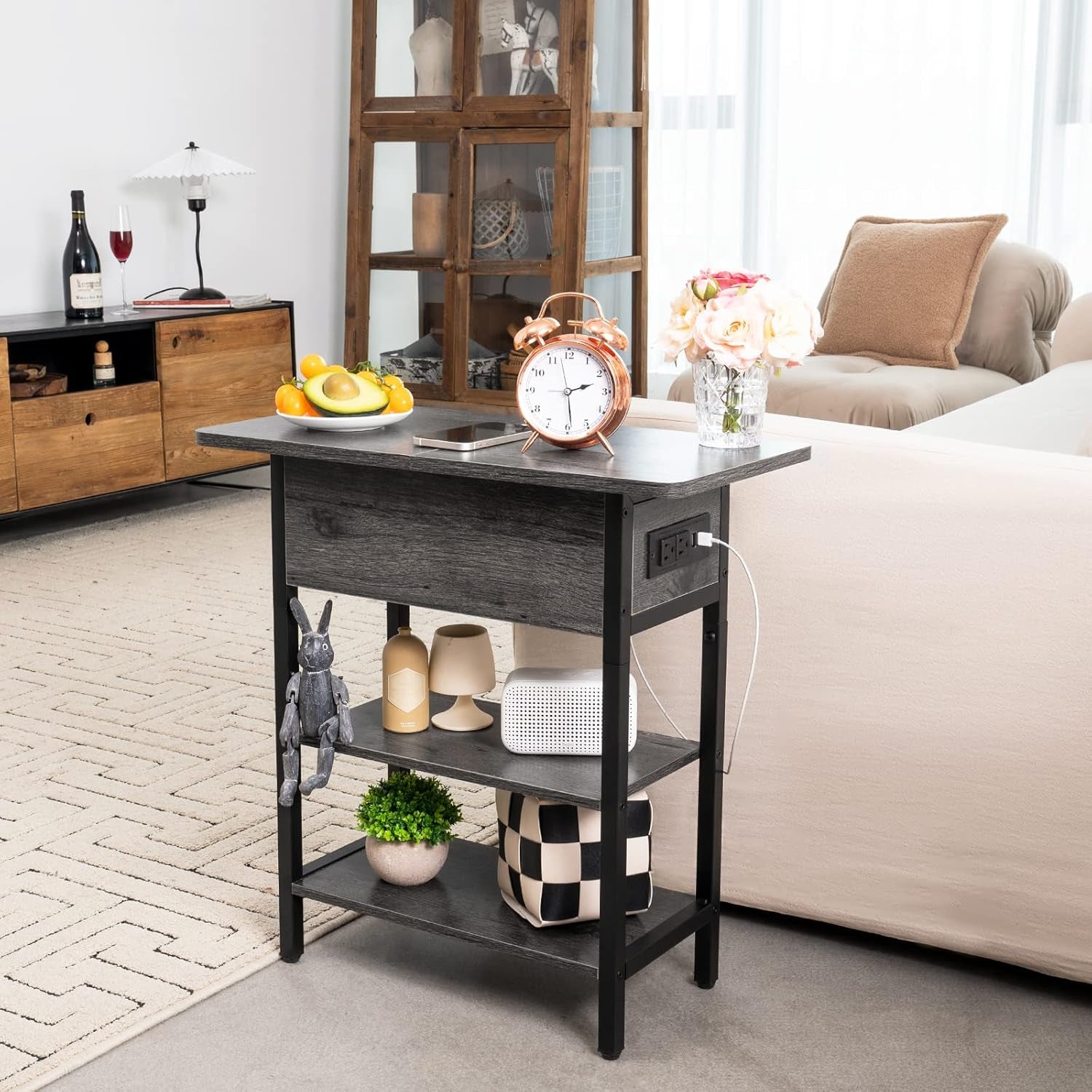 End Table with Charging Station, Flip Top Side Table with USB Ports and Outlets, Sofa Couch Table Bedside Table for Living Room Bedroom, Narrow Nightstand with Storage Shelves for Small Space