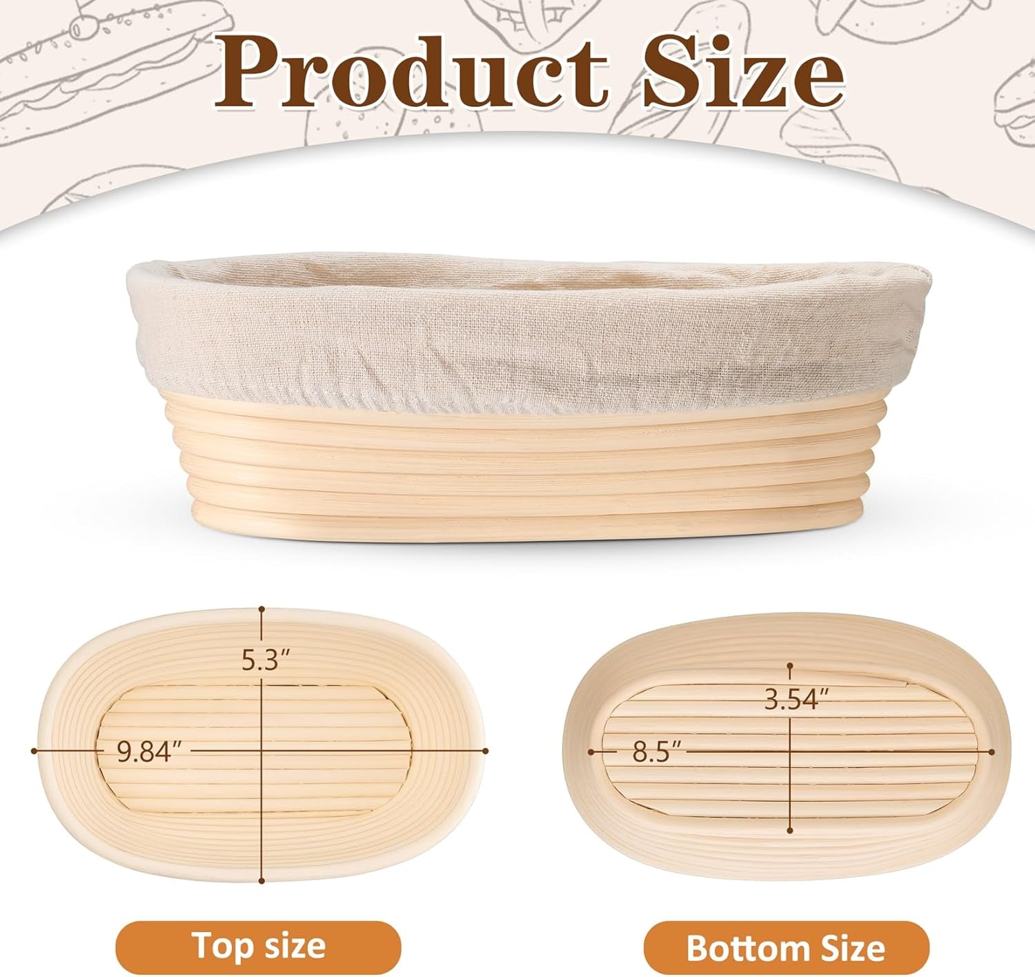 Sourdough Bread Proofing Basket Set of 2, 10 Inch Oval Dough Proofing Bowls, Sourdough Bread Baking Supplies for Bakers, Handmade Rattan Baskets with Cloth Liner