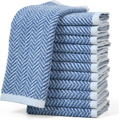 Wash Cloths for Your Face and Body, 12 Washcloths for Showering with Decorative Herringbone Stripes, 100% Cotton, Light Blue, 13 X 13 Inches