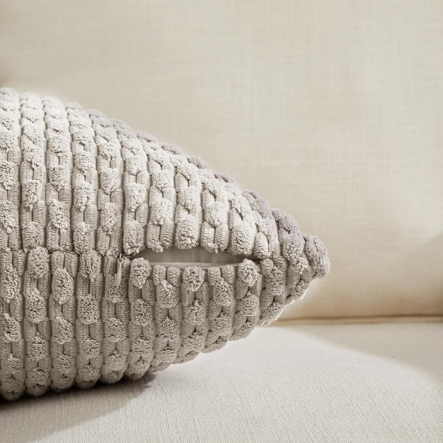 Set of 4 Neutral Taupe Decorative Throw Pillow Covers 18X18 Inch for Couch Bed Sofa Bedroom, Modern Farmhouse Boho Home Decor, Soft Fluffy Textured Corduroy Cute Beige Cushion Case 45X45 Cm