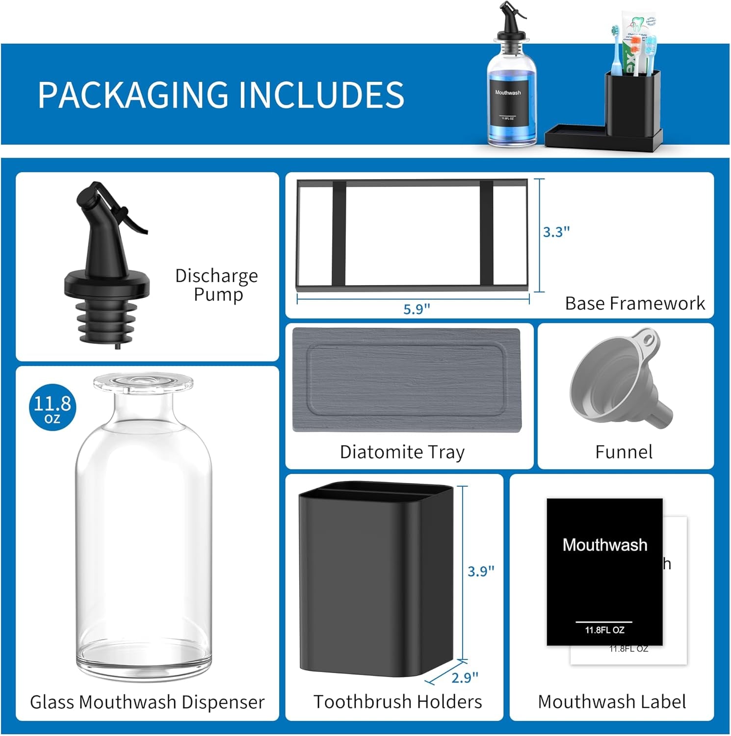 Bathroom Glass Mouthwash Dispenser with Cup,Black Toothbrush Holder Set Stainless Steel with 11.8OZ Clear Nozzle Mouth Wash Dispenser Diatomite Tray，Decor Accessories