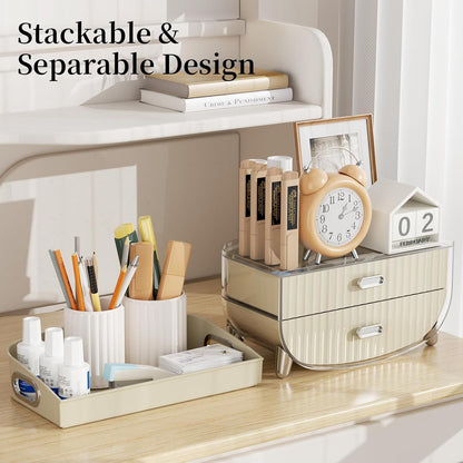 Makeup Organizer with 2 Drawers, Bathroom Storage with Four Non-Slip Feet and Dust-Proof, Simple and Stylish for Desktop, Vanity, Bathroom Countertops, White
