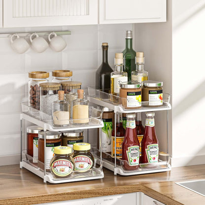 2 Sets of 2-Tier Multi-Purpose Bathroom under Sink Organizers and Storage, Stackable Kitchen Pantry Organization, Pull Out Medicine Cabinet Organizer with 8 Movable Dividers