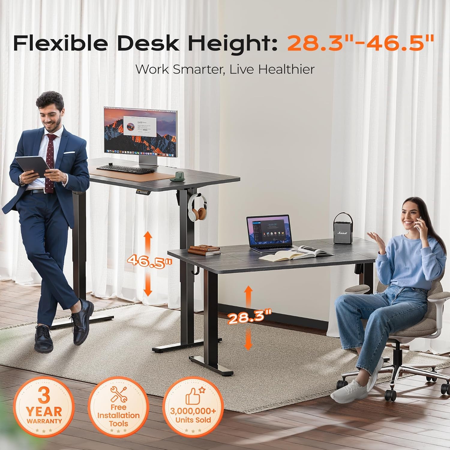 Large Electric Height Adjustable Standing Desk, 55" x 28", 27.6" Deep Desktop, Gaming and Office Desk with 2 Hooks and 3 Preset Heights, Grey Finish