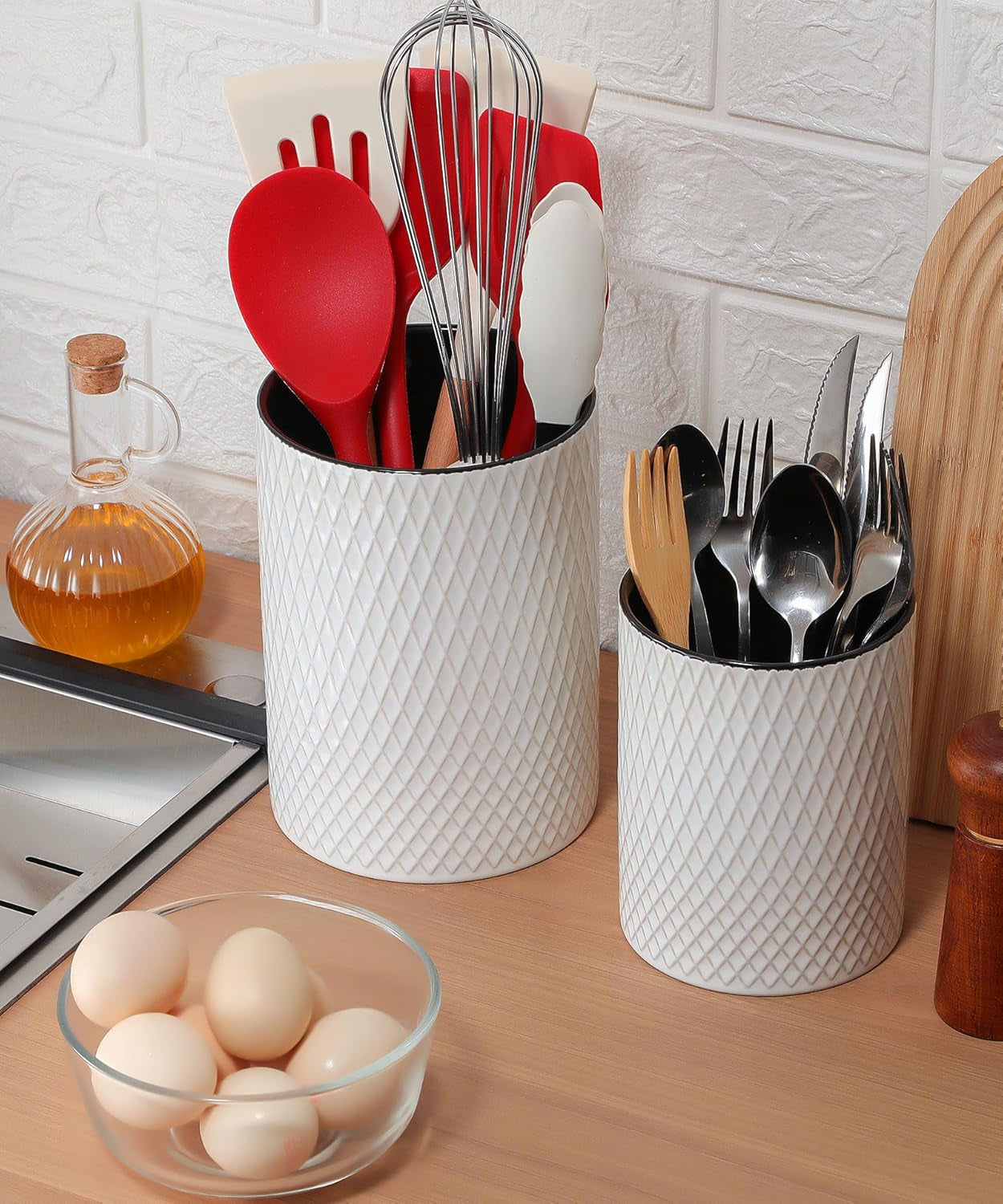 Utensil Holder 7.5+6In, Extra Large Stable Ceramic Embossed Dishwasher Safe Kitchen Utensils Holder, Ideal for Counter, Cooking Spatula Crock Organizer, Set of 2 (White Diamond Check)