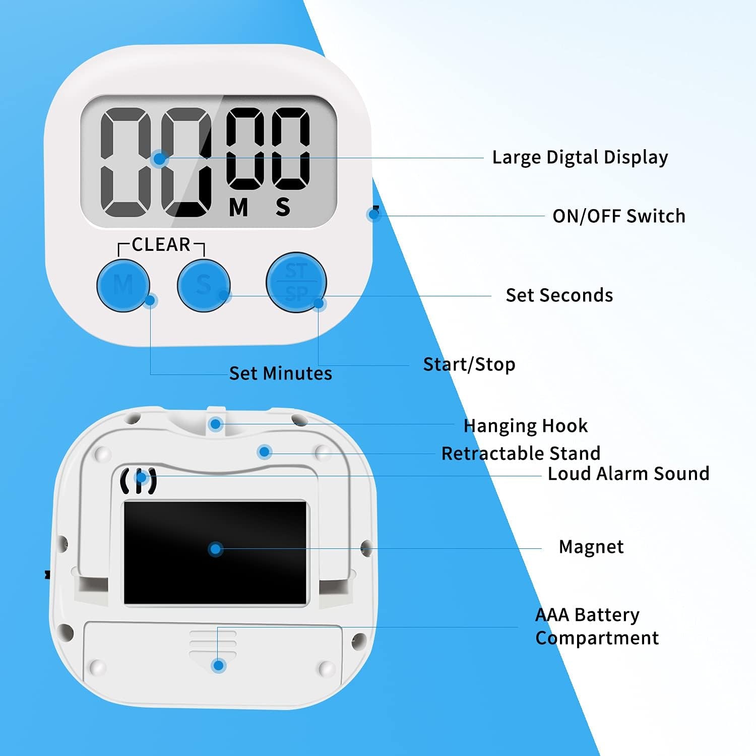 6 Pack Small Digital Kitchen Timer Magnetic Back and On/Off Switch,Minute Second Count up Countdown, White