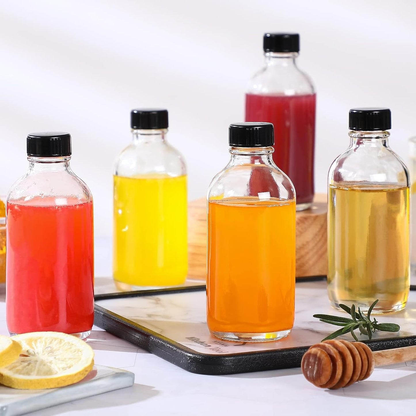 6 Pack, 4 Oz Small Clear Glass Bottles with Lids & 2 Stainless Steel Funnels - 120Ml Boston Sample Bottle for Potion, Juice, Wellness, Ginger Shots, Whiskey, Liquids - Mini Travel Essential Bottles