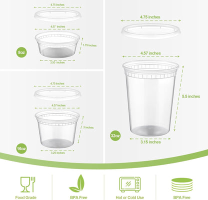 24 Sets Plastic Deli Food Containers with Lids, 8 Oz 16Oz 32Oz Variety Pack, Airtight Food Storage Containers, Freezer/Dishwasher/Microwave Safe, Soup Containers for Takeout Food Storage