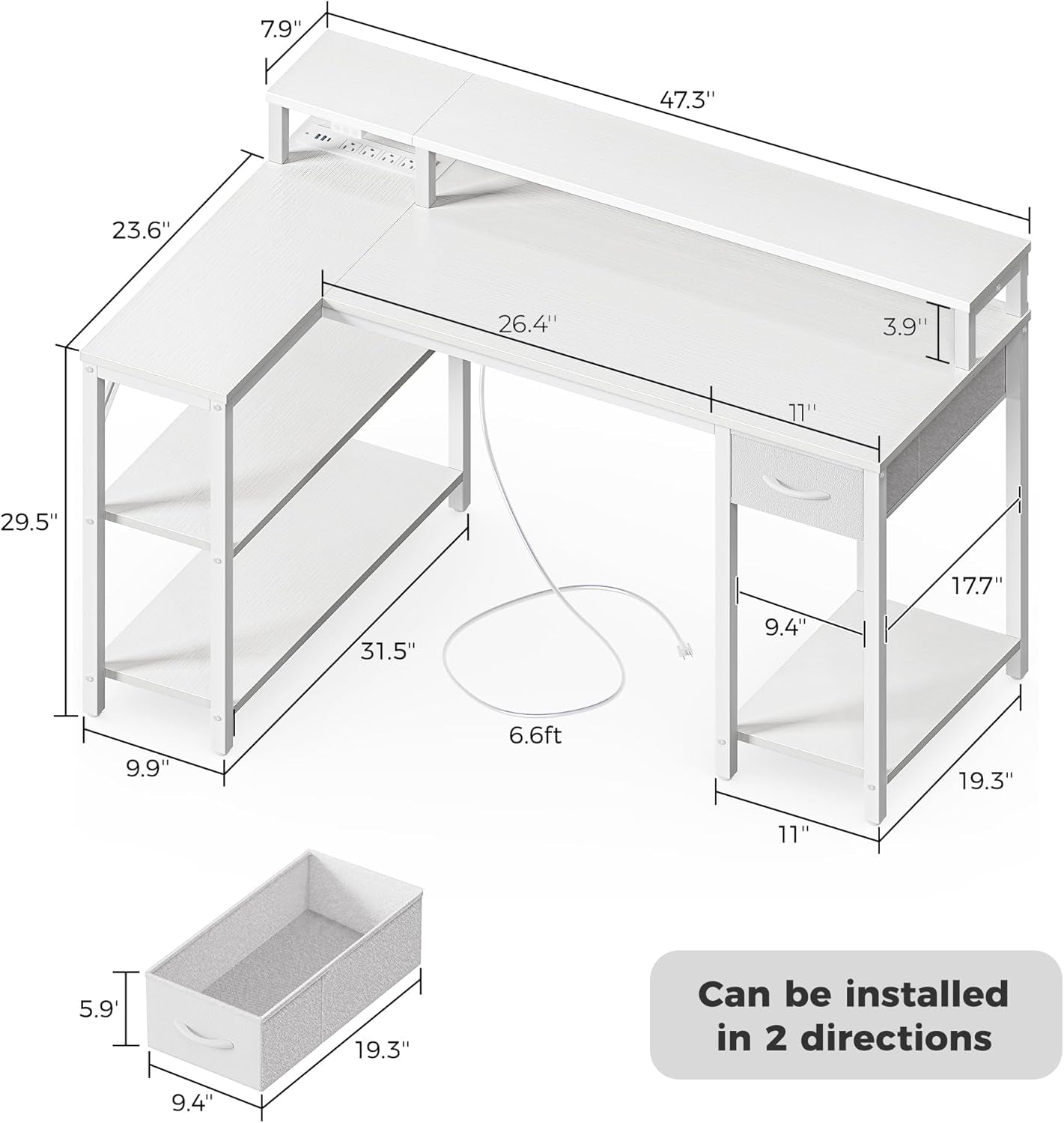 47-Inch Reversible L-Shaped Desk with LED Lighting and Power Outlets, Featuring Shelves, Monitor Stand, Drawer, and PU White Finish for Home Office and Gaming Use