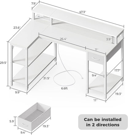 47-Inch Reversible L-Shaped Desk with LED Lighting and Power Outlets, Featuring Shelves, Monitor Stand, Drawer, and PU White Finish for Home Office and Gaming Use