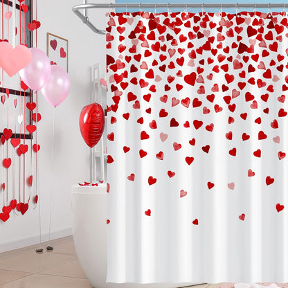 71 X 71 Inches Valentines Day Shower Curtain Top with Pink and Red Love Heart Romantic Bathroom Curtain Waterproof Polyester Curtain Hooks Set for Valentine'S Day Bathroom Decorations