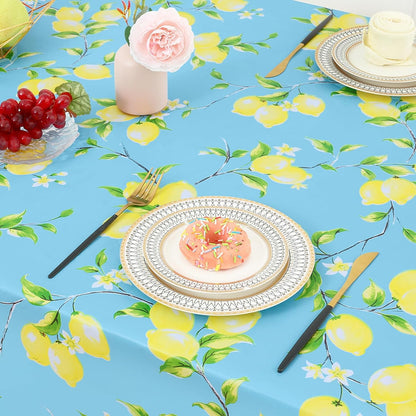 Rectangle Waterproof Vinyl Table Cloth, Wipeable Tablecloth with Flannel Backing, Plastic Table Cover for Dinner, Picnic, Indoor and Outdoor (Lemon, 60" X 84")