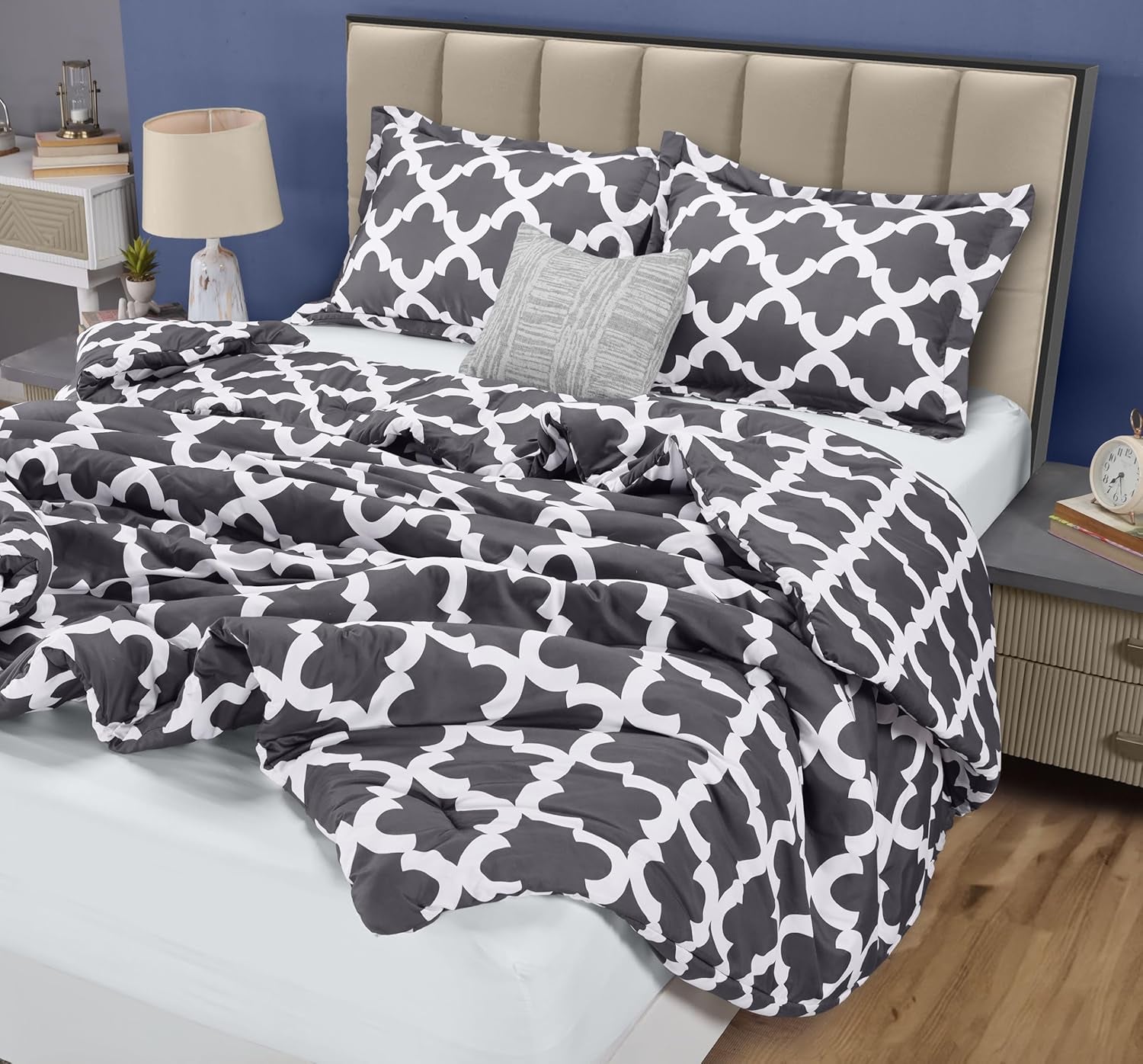 King Comforter Set Grey, Printed Comforters King Size, 3 Piece Lightweight All Season down Alternative Bedding Set with 1 Comforter (90 X 102 In) and 2 Pillow Shams (20 X 36 In)